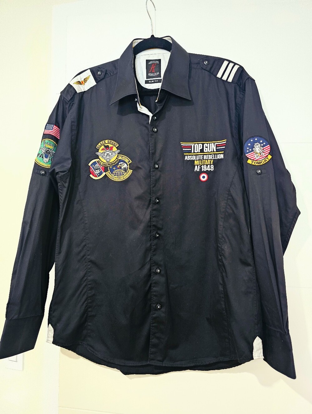 Absolute Rebellion Top Gun Black Men's Black Cotton Shirt L SLIM FIT NWOT